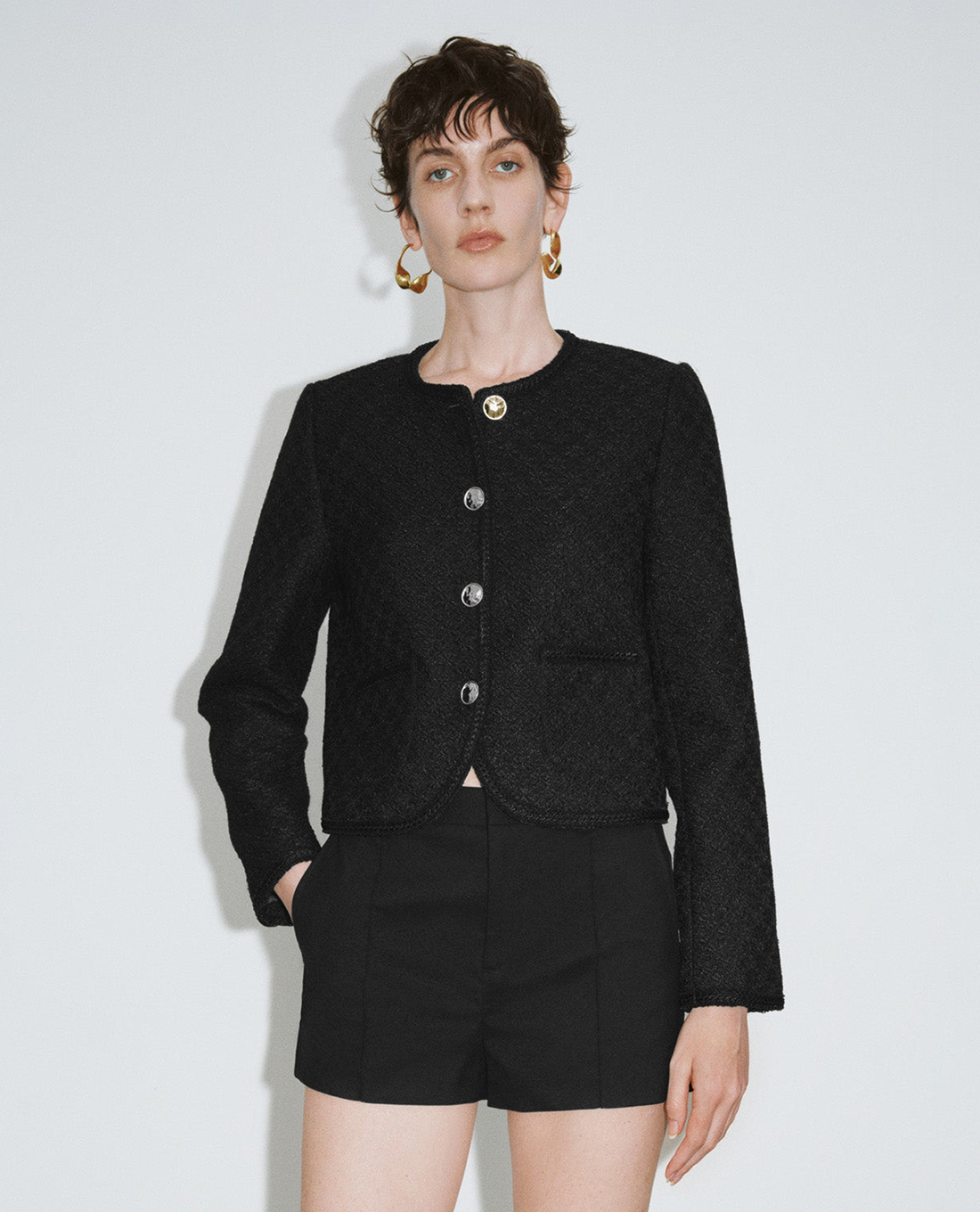 URBAN REVIVO - Áo khoác tweed nữ cổ tròn tay dài Straight