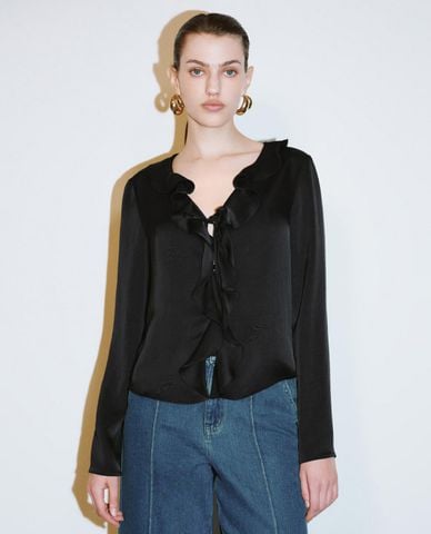  URBAN REVIVO - Áo kiểu nữ cổ V phối bèo nhún 