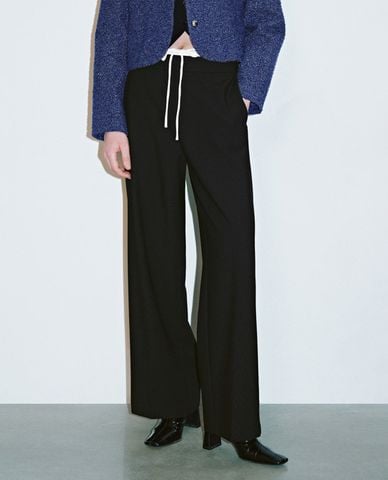  URBAN REVIVO - Quần nữ ống rộng phối dây rút thời trang 