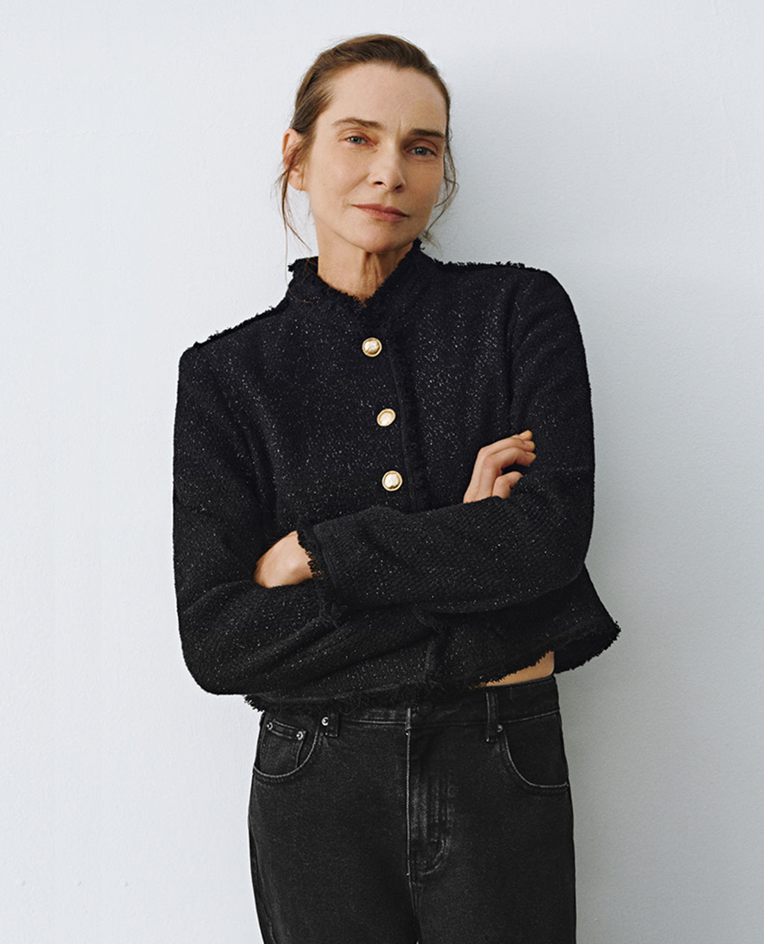 URBAN REVIVO - Áo khoác tweed nữ phom croptop Button Up