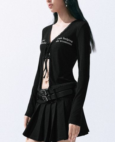  URBAN REVIVO - Áo kiểu nữ cổ V tay dài thắt dây phối hoạ tiết 