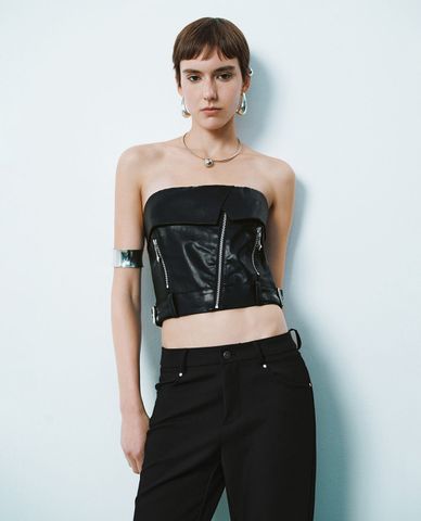  URBAN REVIVO - Áo kiểu nữ phom ôm phối khóa kéo 