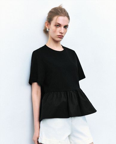  URBAN REVIVO - Áo kiểu nữ cổ tròn tay ngắn dáng xoè 