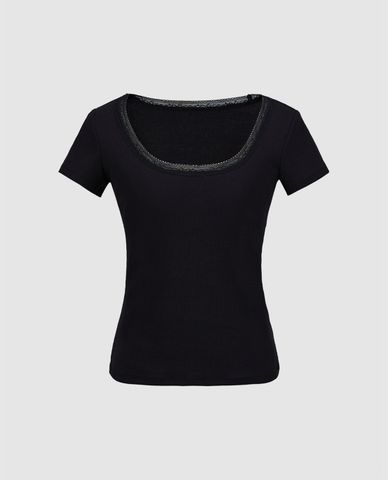  URBAN REVIVO - Áo thun nữ cổ chữ U tay ngắn viền ren nữ tính 