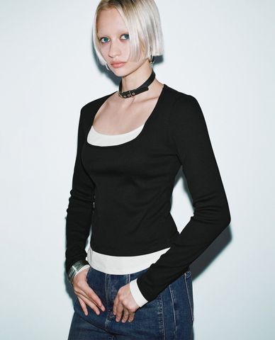  URBAN REVIVO - Áo thun nữ cổ vuông tay dài 2 In 1 