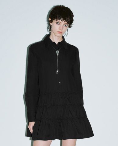  URBAN REVIVO - Đầm sơ mi midi cổ bẻ tay dài phối bèo A Line 