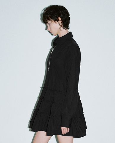  URBAN REVIVO - Đầm sơ mi midi cổ bẻ tay dài phối bèo A Line 