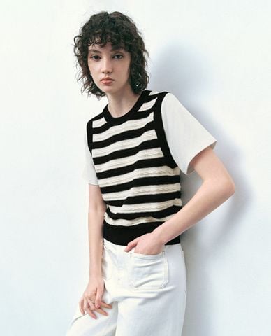  URBAN REVIVO - Áo thun nữ dệt kim cổ tròn tay ngắn 2 In 1 