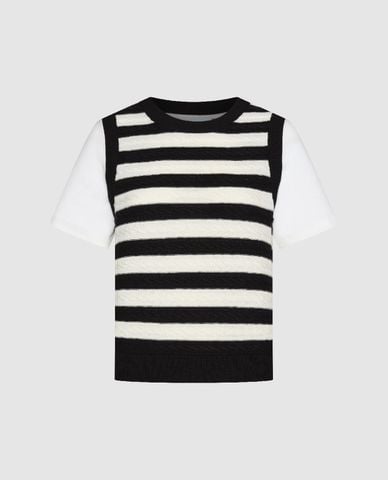  URBAN REVIVO - Áo thun nữ dệt kim cổ tròn tay ngắn 2 In 1 