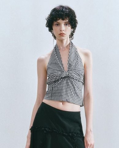  URBAN REVIVO - Áo kiểu nữ cổ yếm sọc caro 