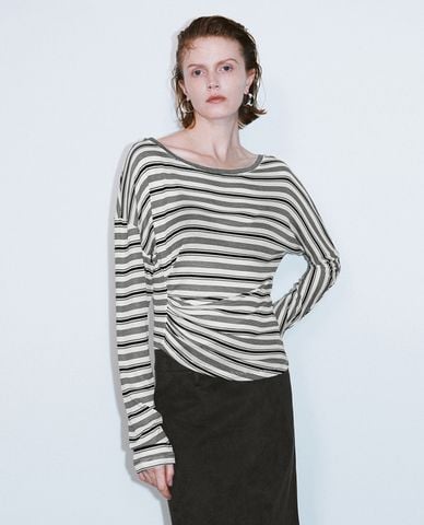  URBAN REVIVO - Áo thun nữ tay dài cổ thuyền thời thượng 