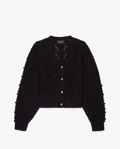  THE KOOPLES - Áo cardigan nữ tay phồng Cropped Black Cable Cotton 