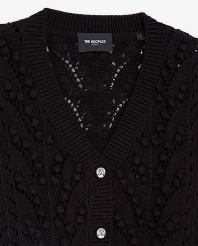  THE KOOPLES - Áo cardigan nữ tay phồng Cropped Black Cable Cotton 