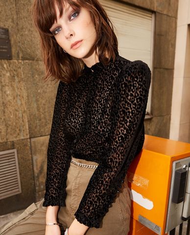  THE KOOPLES - Áo sơ mi nữ tay dài cổ trụ Leopard Print 