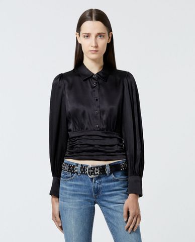  THE KOOPLES - Áo kiểu nữ cổ sơ mi tay dài Black Satin Silk 