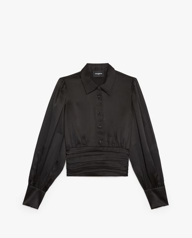  THE KOOPLES - Áo kiểu nữ cổ sơ mi tay dài Black Satin Silk 