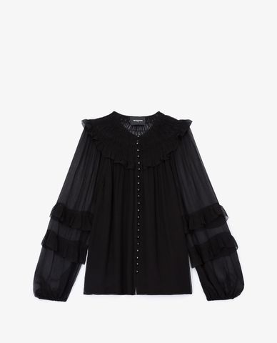  THE KOOPLES - Áo kiểu nữ cổ tròn tay dài Flowing Black 