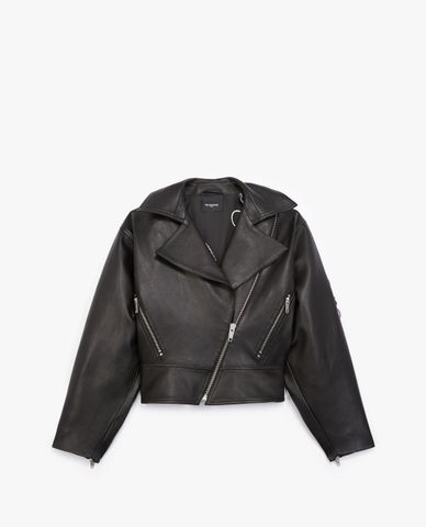  THE KOOPLES - Áo khoác da nữ phom ngắn cổ bẻ phối zip thời trang 