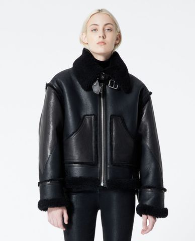  THE KOOPLES - Áo khoác da nữ cổ bẻ phối lông thời trang 