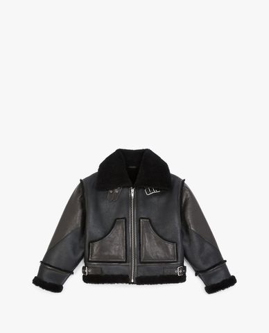  THE KOOPLES - Áo khoác da nữ cổ bẻ phối lông thời trang 