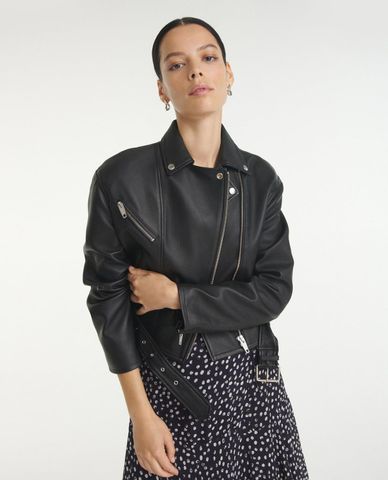  THE KOOPLES - Áo khoác da nữ cổ bẻ phối zip thời trang 