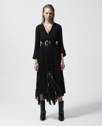  THE KOOPLES - Đầm midi cổ V xếp li Black Long Flowing 