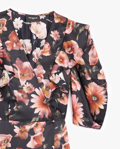  THE KOOPLES - Đầm midi cổ V Black Printed Wrap 