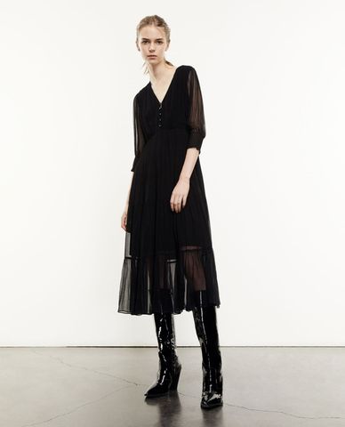  THE KOOPLES - Đầm midi cổ V tay lỡ Frills 