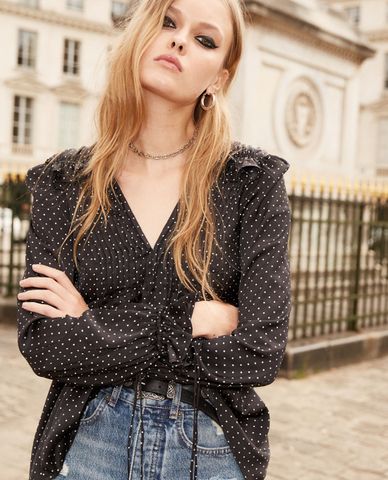  THE KOOPLES - Áo kiểu nữ tay dài cổ V Frilly Printed 