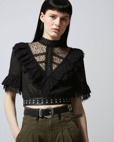  THE KOOPLES - Áo kiểu nữ cổ trụ phối bèo Ecru Embroidered 