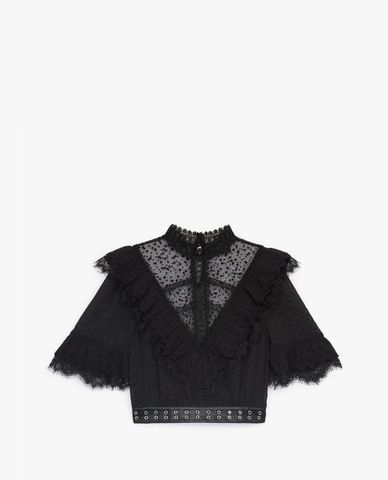  THE KOOPLES - Áo kiểu nữ cổ trụ phối bèo Ecru Embroidered 