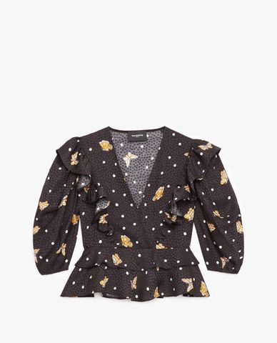  THE KOOPLES - Áo croptop nữ cổ V tay lỡ phối bèo Butterfly Motif 