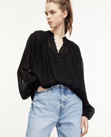  THE KOOPLES - Áo sơ mi nữ tay dài cổ V Flowing Semi Transparent Black Top 