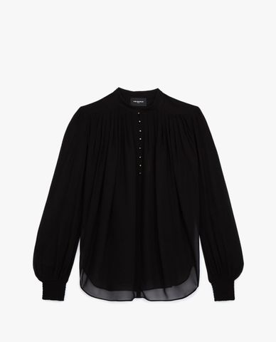  THE KOOPLES - Áo sơ mi nữ tay dài cổ V Flowing Semi Transparent Black Top 