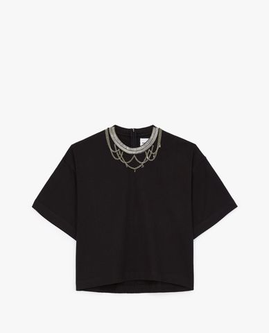  THE KOOPLES - Áo thun nữ cổ tròn phối dây trang trí 