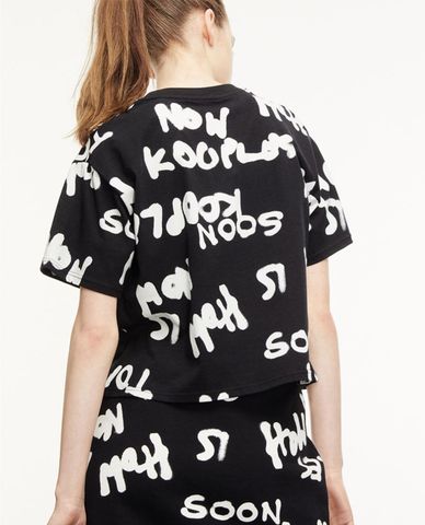  THE KOOPLES - Áo thun nữ cổ tròn ngắn tay Black Cotton With All Over Logo 