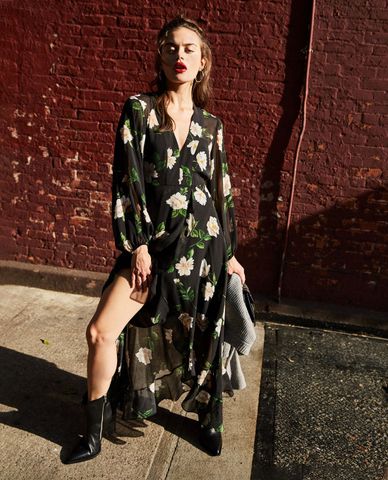  THE KOOPLES - Đầm midi cổ V xẻ tà Floral Print 