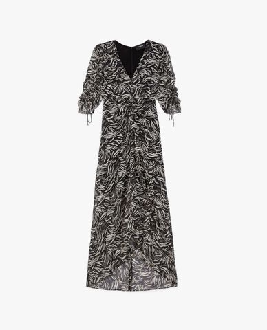  THE KOOPLES - Đầm midi cổ V rút dây Zebra Print 