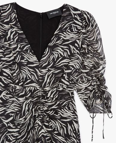  THE KOOPLES - Đầm midi cổ V rút dây Zebra Print 