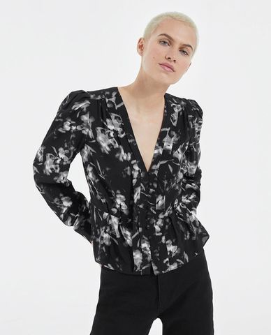  THE KOOPLES - Áo kiểu nữ tay lở cổ V xếp li in hoa thời trang 