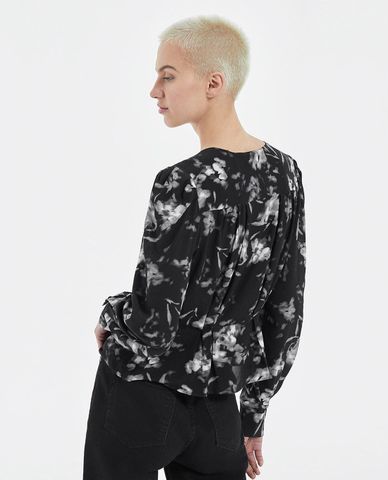  THE KOOPLES - Áo kiểu nữ tay lở cổ V xếp li in hoa thời trang 