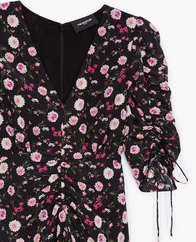  THE KOOPLES - Đầm midi cổ V rút dây Floral Print 