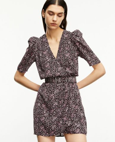  THE KOOPLES - Đầm mini cổ V tay ngắn Black And Pink Patterned Wrap 