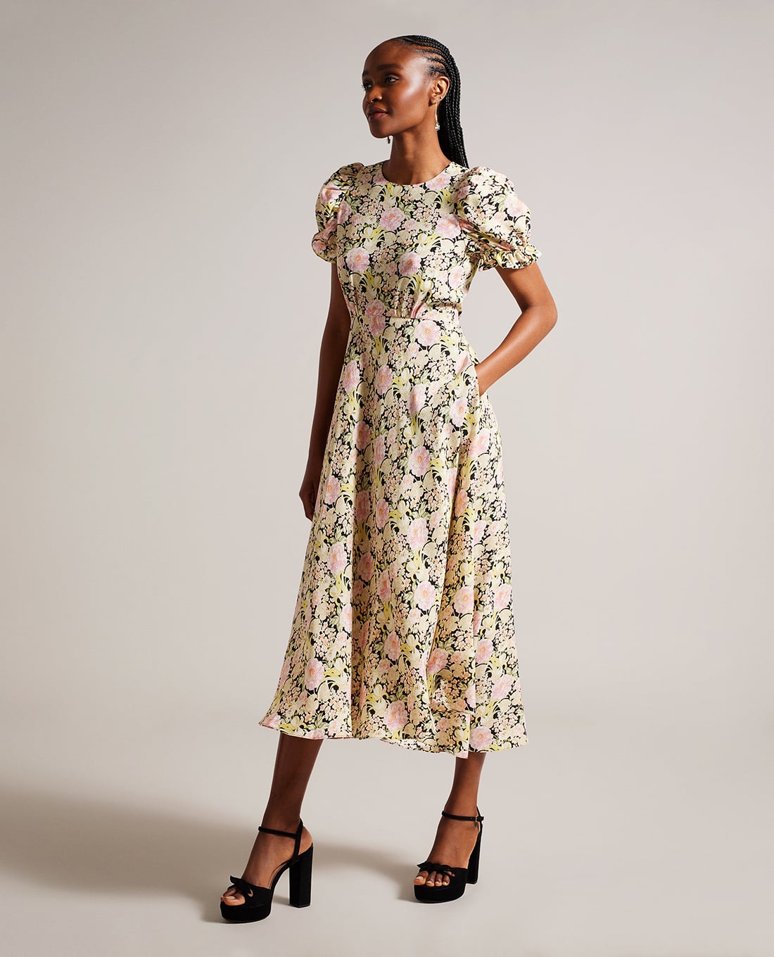TED BAKER - Đầm xếp li midi cổ tròn tay ngắn Altheea