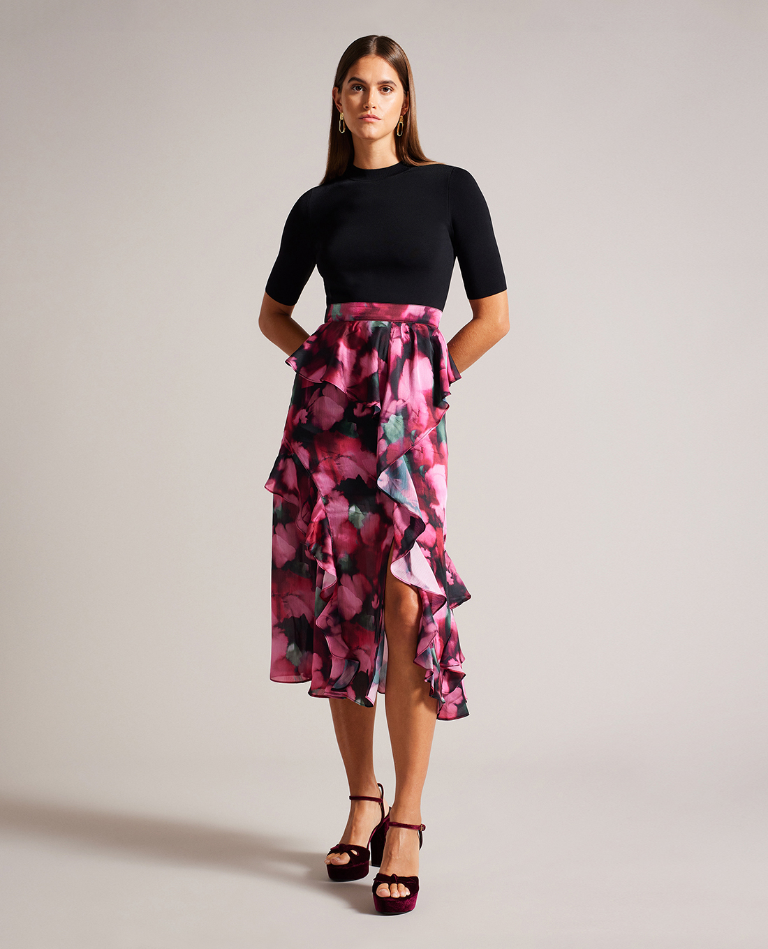 TED BAKER - Đầm xếp tầng midi cổ tròn tay ngắn Darciia