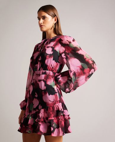  TED BAKER - Đầm xếp tầng mini cổ tròn tay dài in hoa Grayda 