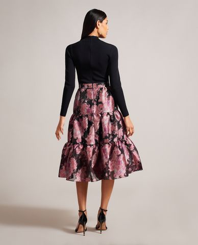  TED BAKER - Đầm xếp tầng midi cổ tròn tay dài Kasymae 