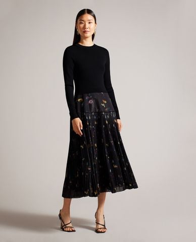  TED BAKER - Đầm xếp li midi cổ tròn tay dài Miiriam 