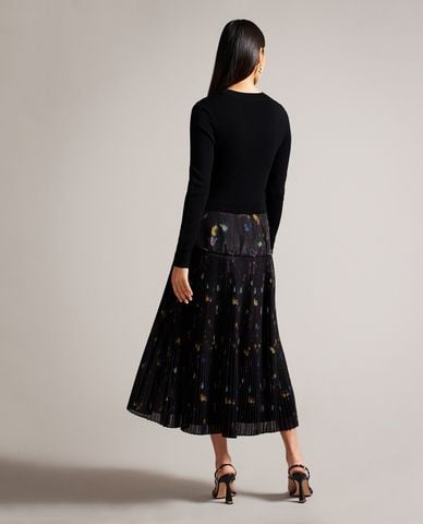  TED BAKER - Đầm xếp li midi cổ tròn tay dài Miiriam 