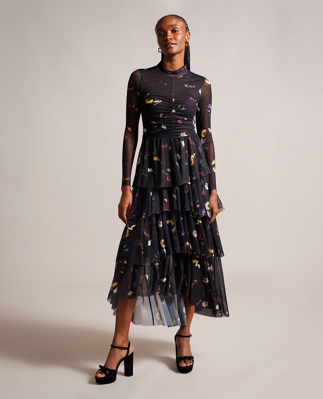 TED BAKER - Đầm xếp tầng midi cổ tròn tay dài Mirande